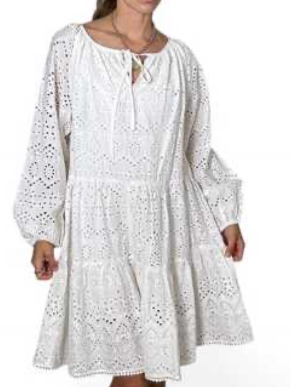 Karen Kane White Eyelet Long-Sleeve Tiered Peasant Dress
